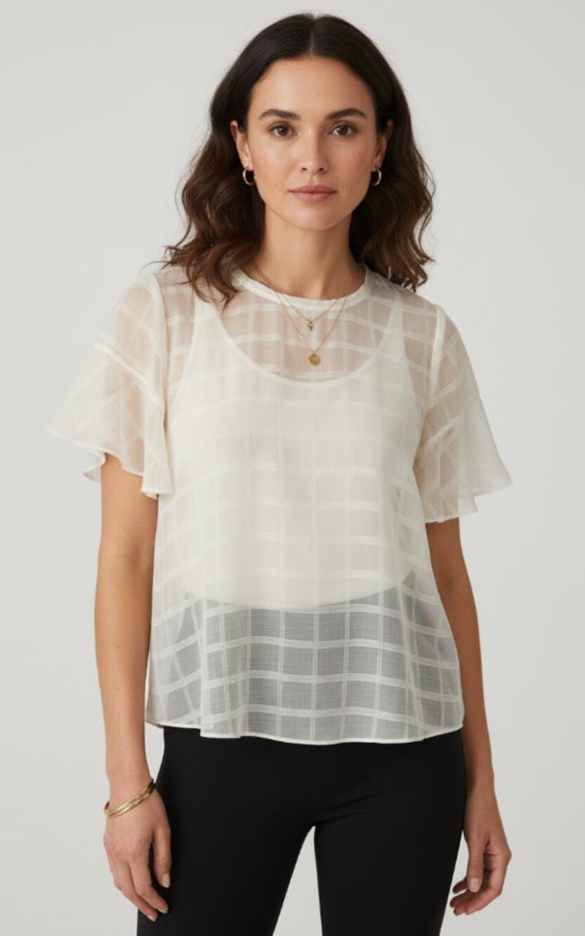 SOFT SURROUNDINGS IVORY/CREAM WINDOWPANE GRID SHEER BLOUSE & CAMI SIZE LARGE
